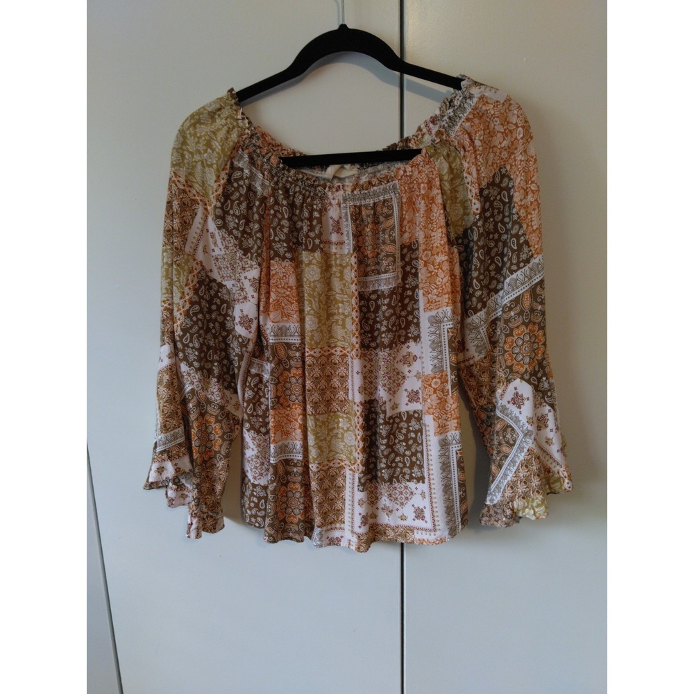 Savanna Jane Patchwork Print Boho Top Size L On/ Off Shoulder Festival Western